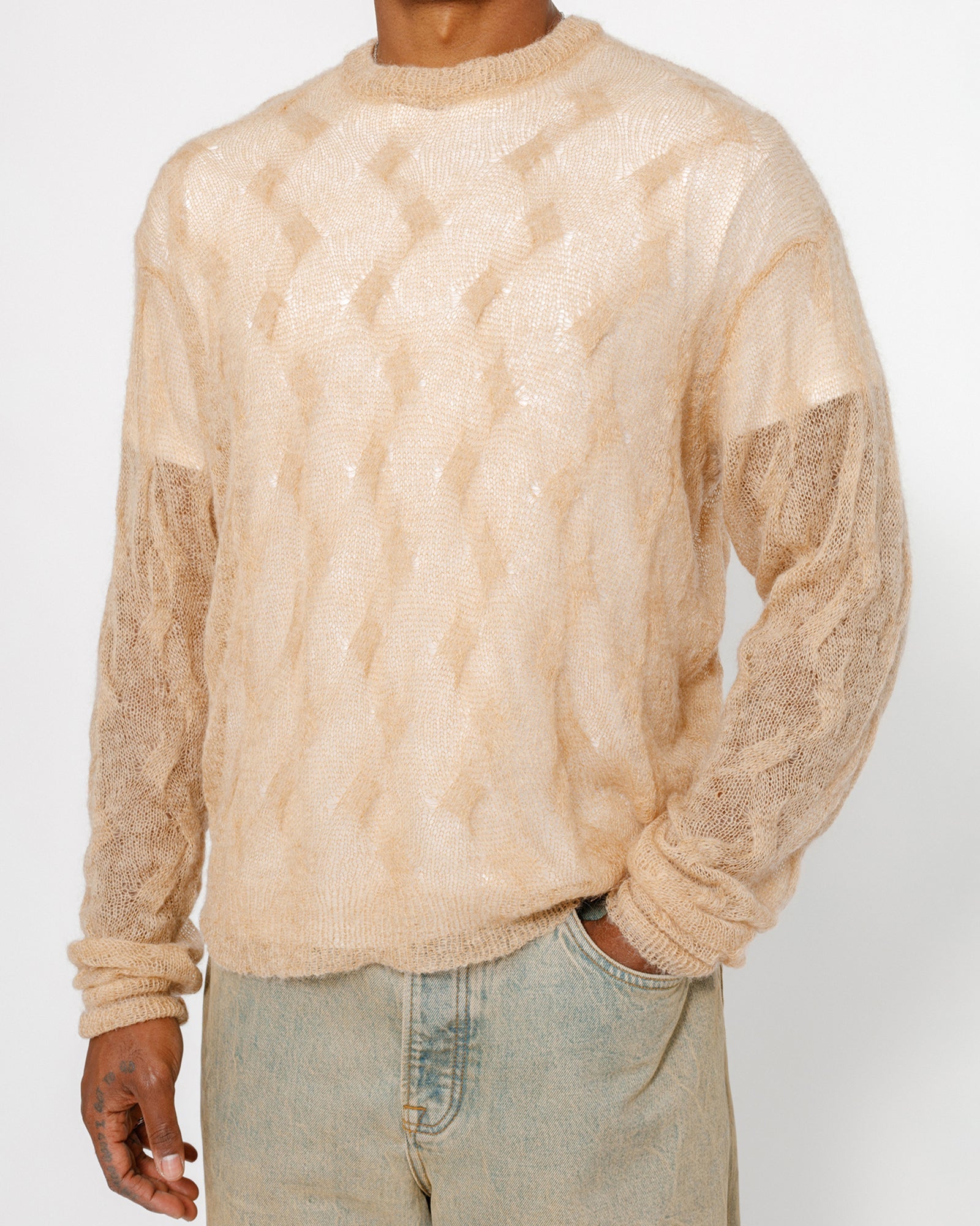 STÜSSY LOOSE KNIT CROSS CABLE SWEATER SAND SWEATER