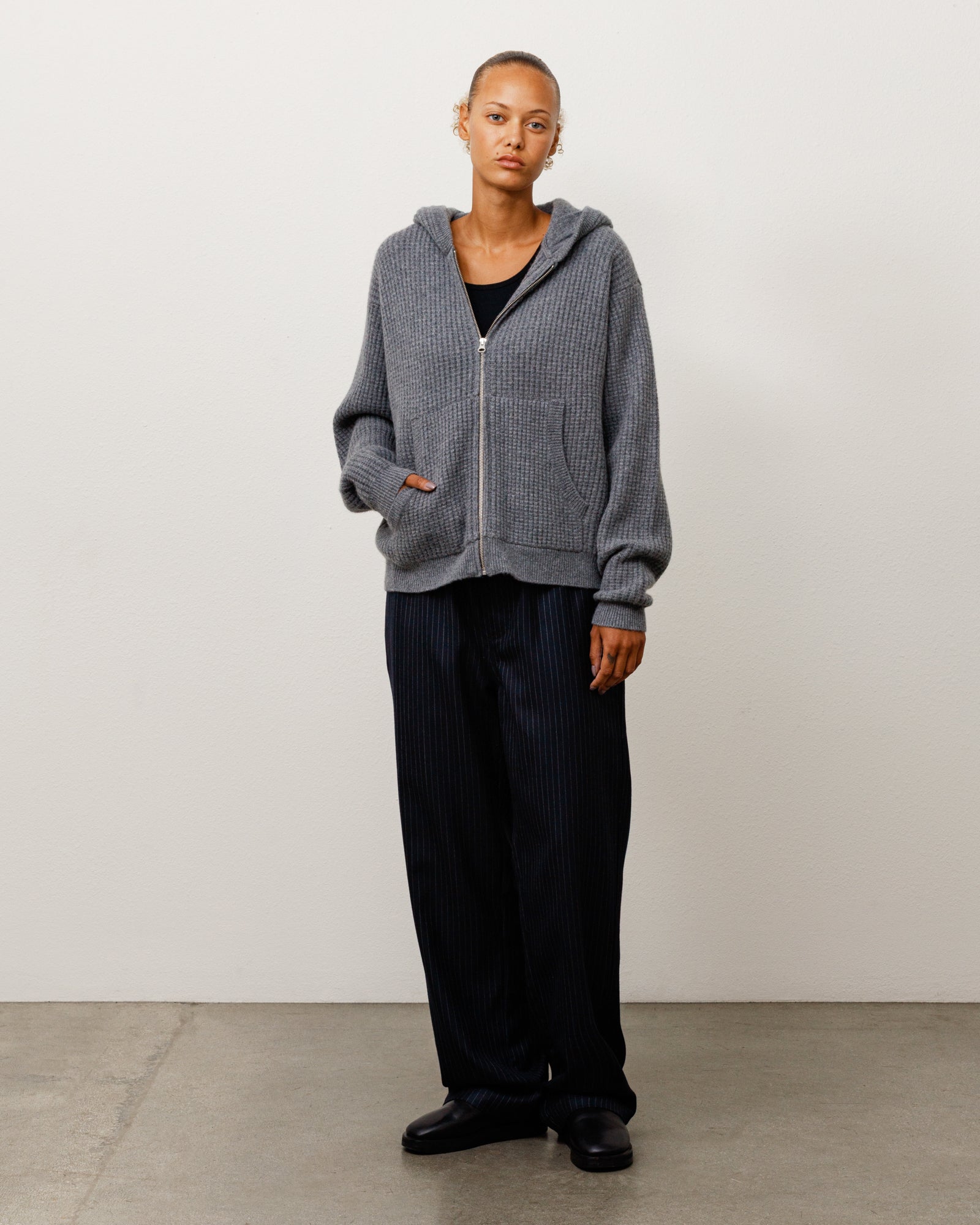 WAFFLE CASHMERE ZIP HOOD