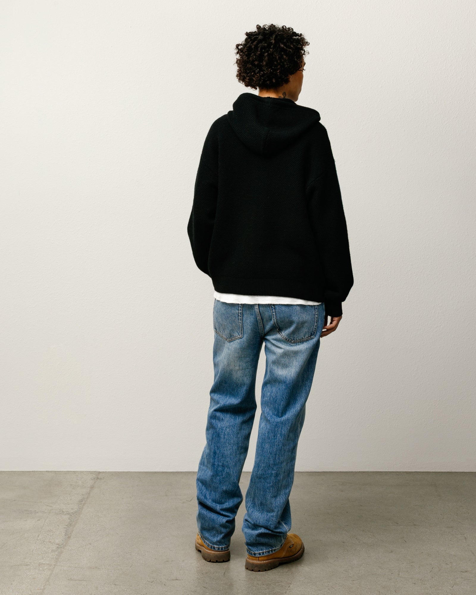 Textured Zip Hooded Sweater Mens Long Sleeve In Black