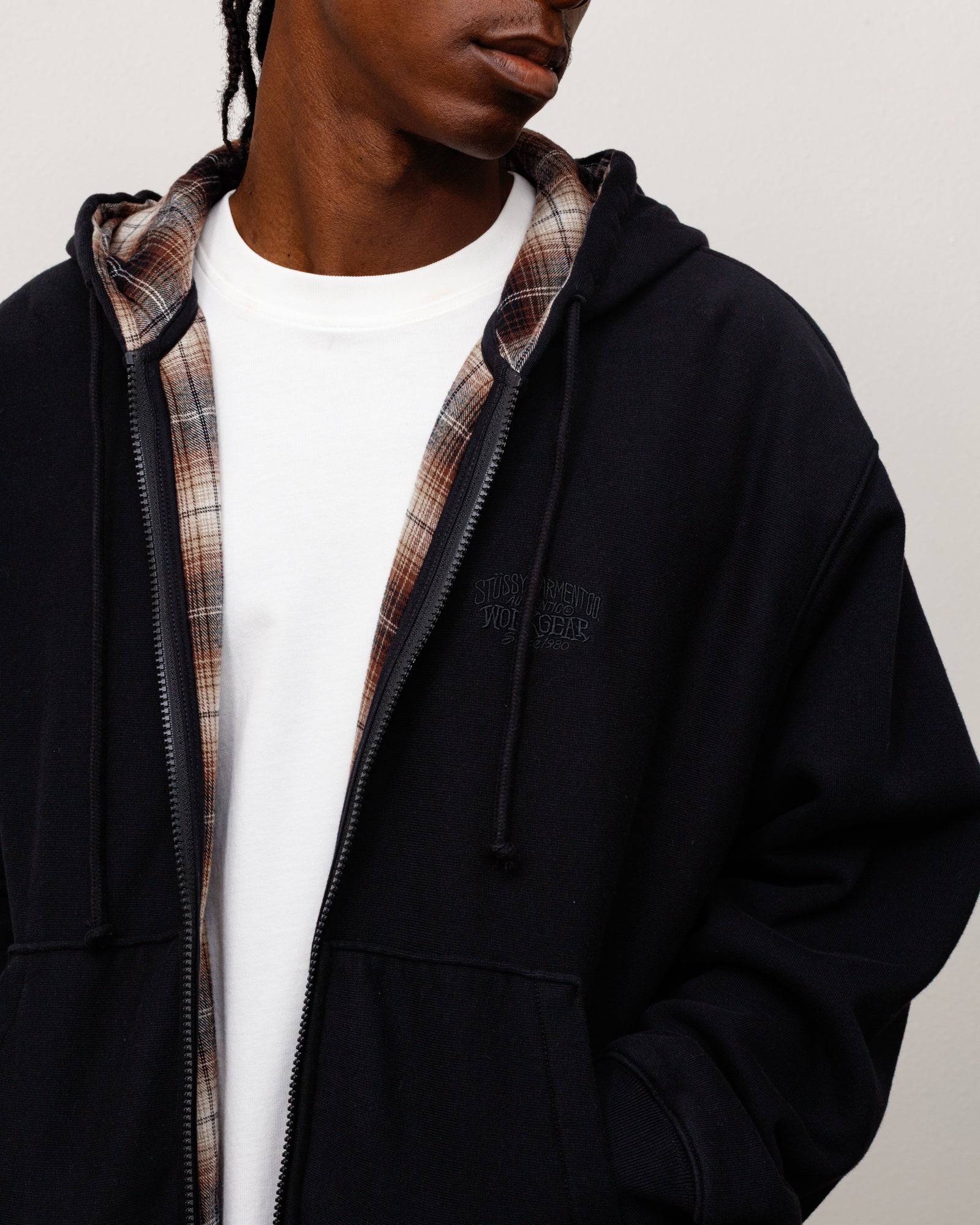 PLAID LINED ZIP HOOD